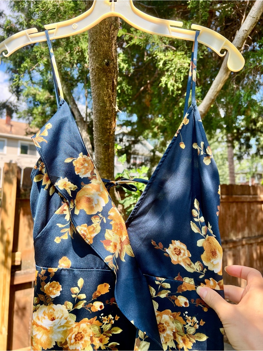Vici Dolls Floral Satin Ruffle Halter Maxi Dress Navy Blue Flowing S Faux Wrap - Picture 10 of 16